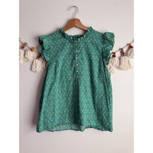 J. Crew Cotton Floral Ruffle Button Front Henley Top Green Boho Coastal Beach L